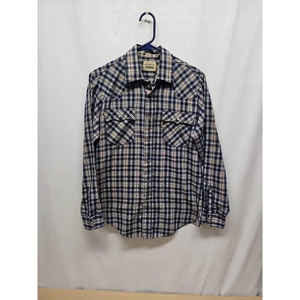 Levis Mens Blue Vintage Plaid‎ Pearl Snap Western Shirt Long Sleeve Sz M